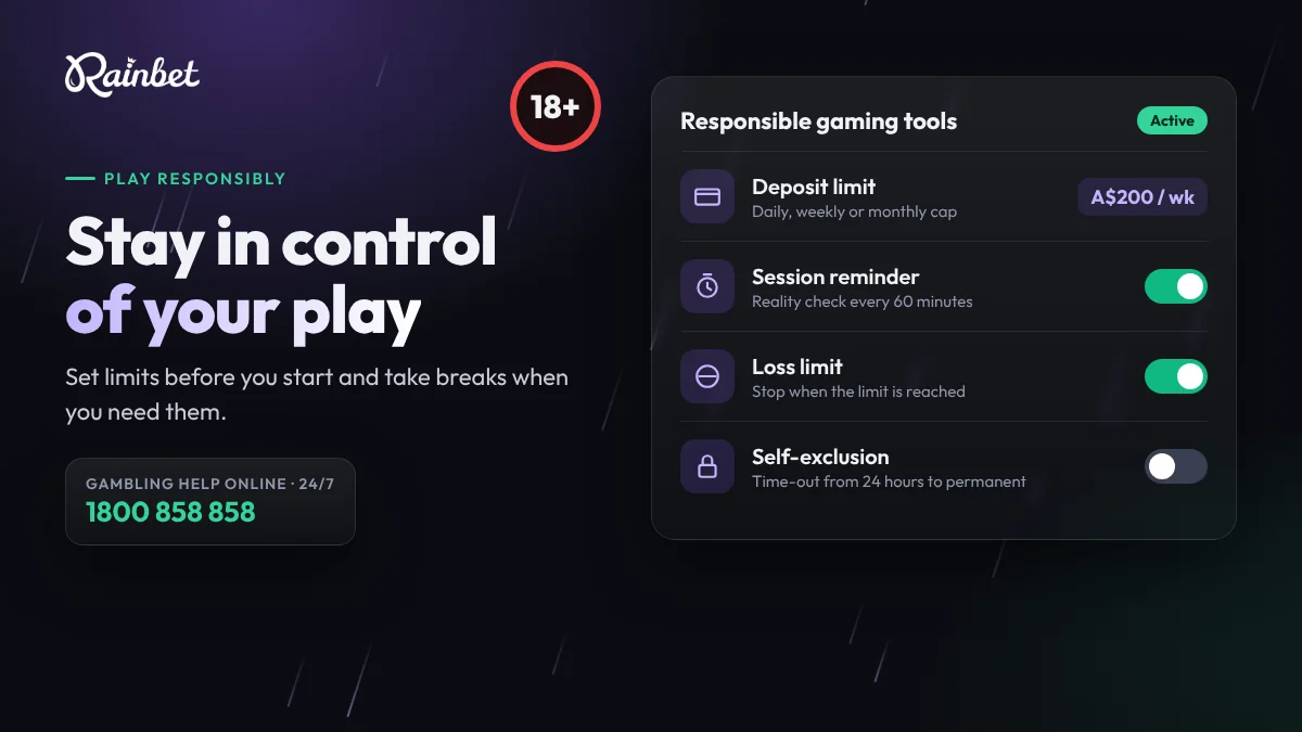 Responsible gaming tools at Rainbet: deposit limit, session reminder, loss limit and self-exclusion; Gambling Help Online 1800 858 858